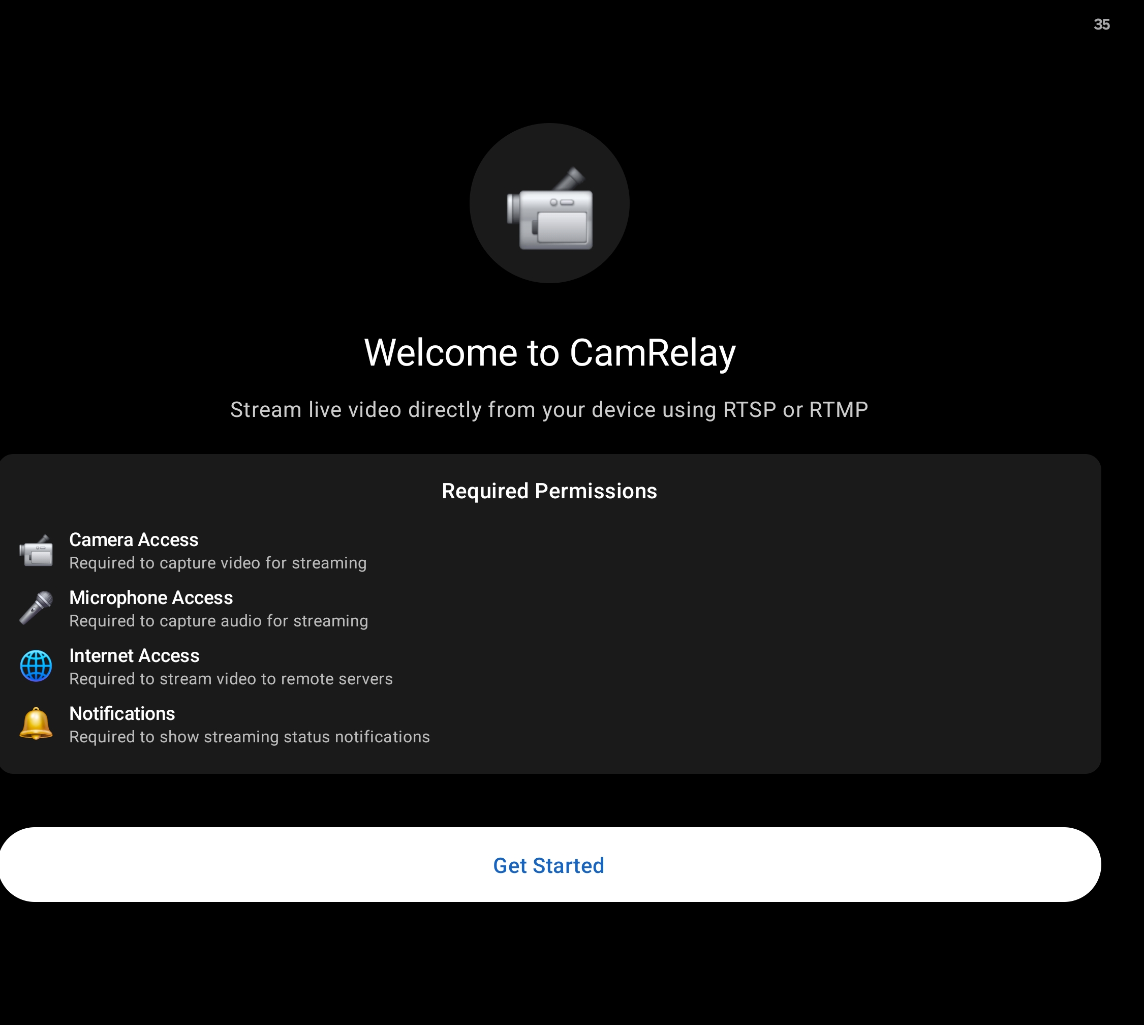 CamRelay - Welcome screen