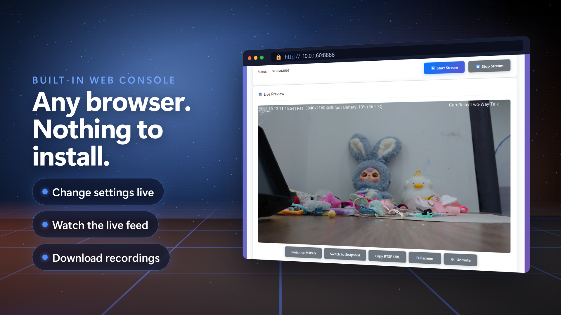 CamRelay - Built-in Live Player & Control in Web UI
