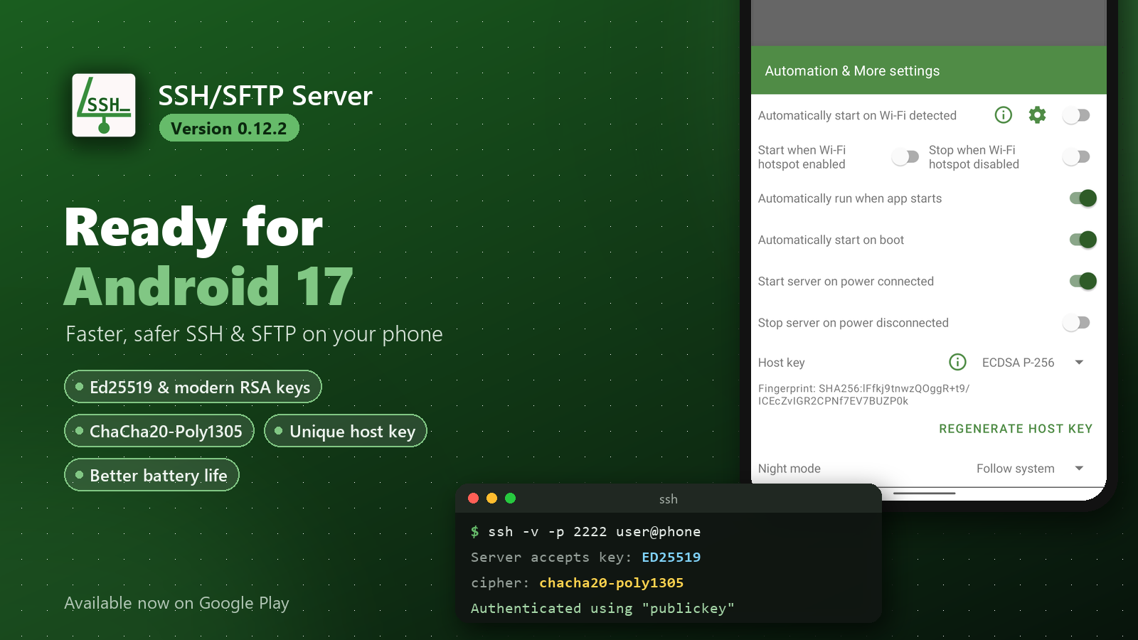 SSH/SFTP Server 0.12.2: Ready for Android 17, Modern SSH Keys and ChaCha20 Encryption