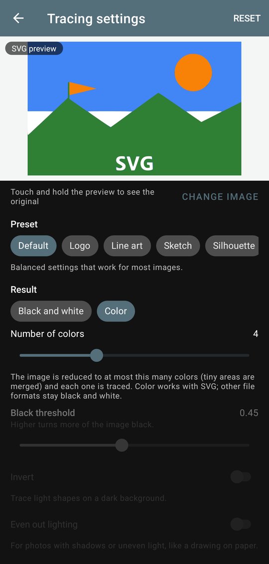 The tracing settings: presets, black and white or color, number of colors, and the live preview at the top