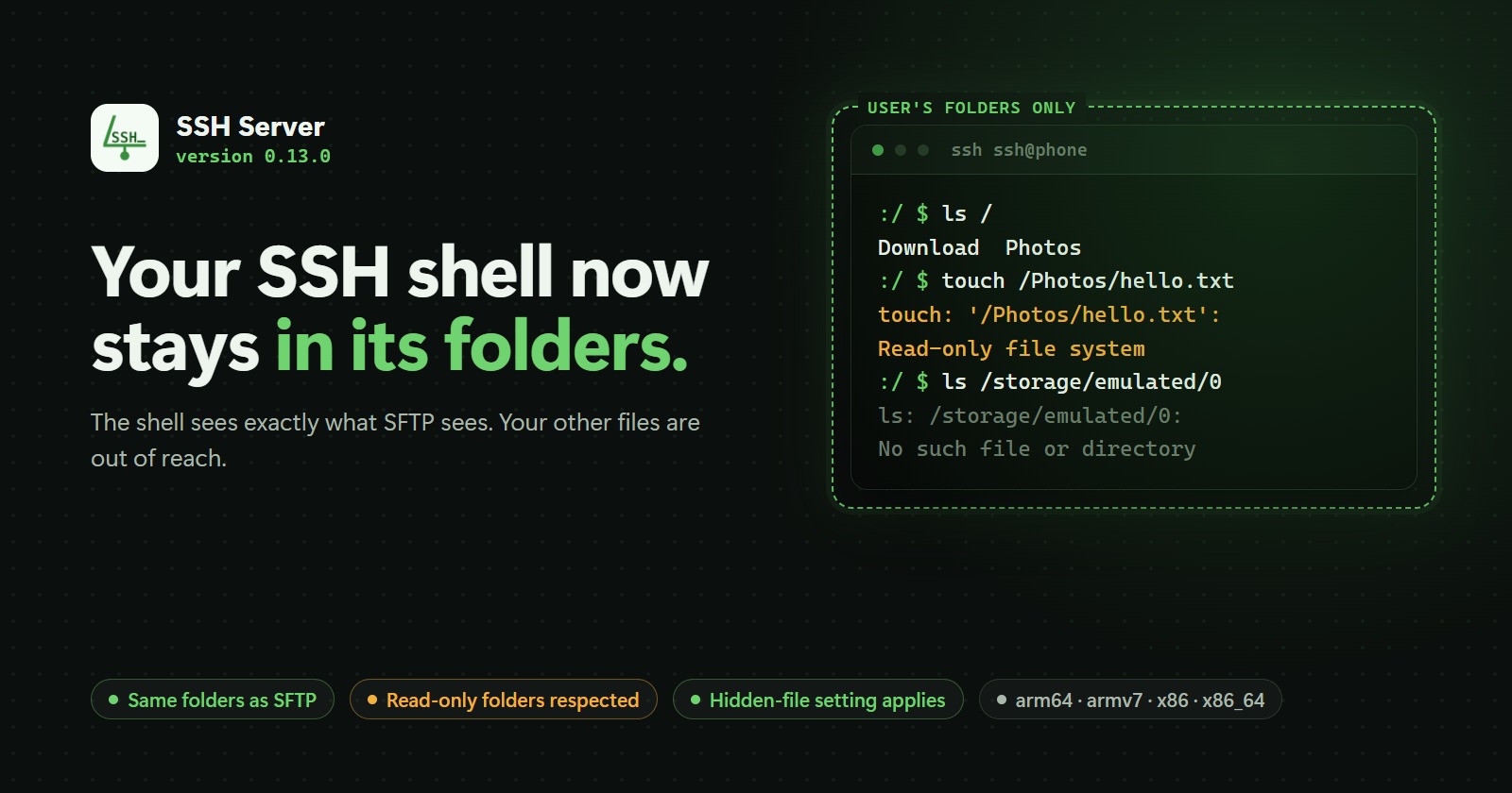 SSH Server 0.13.0: Shell SSH giờ chỉ ở trong thư mục của người dùng