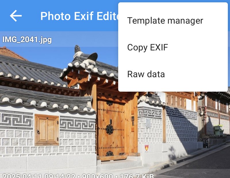 O menu do editor: Gerenciador de modelos, Copiar EXIF e Dados não tratados