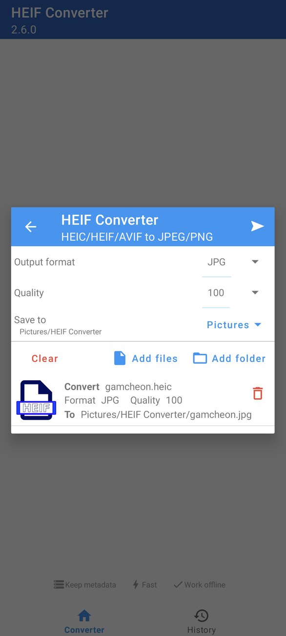 O conversor, pronto para converter uma foto HEIC para JPG