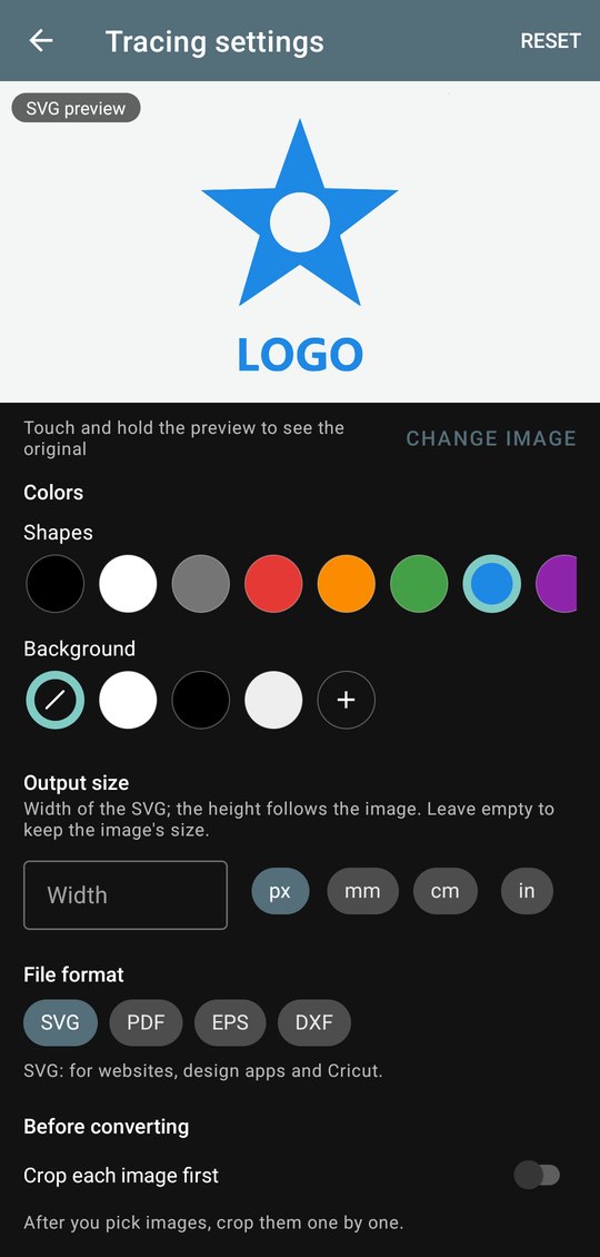 Shape and background colors, output size and file format in the tracing settings