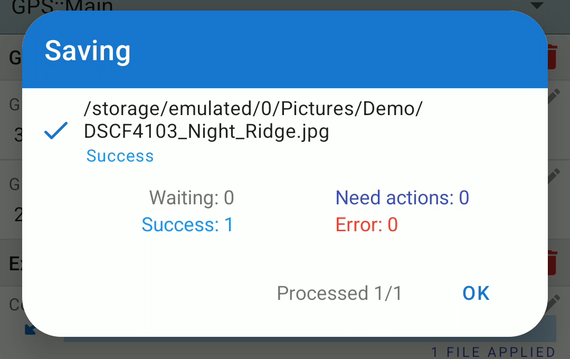 The saving screen after a successful save