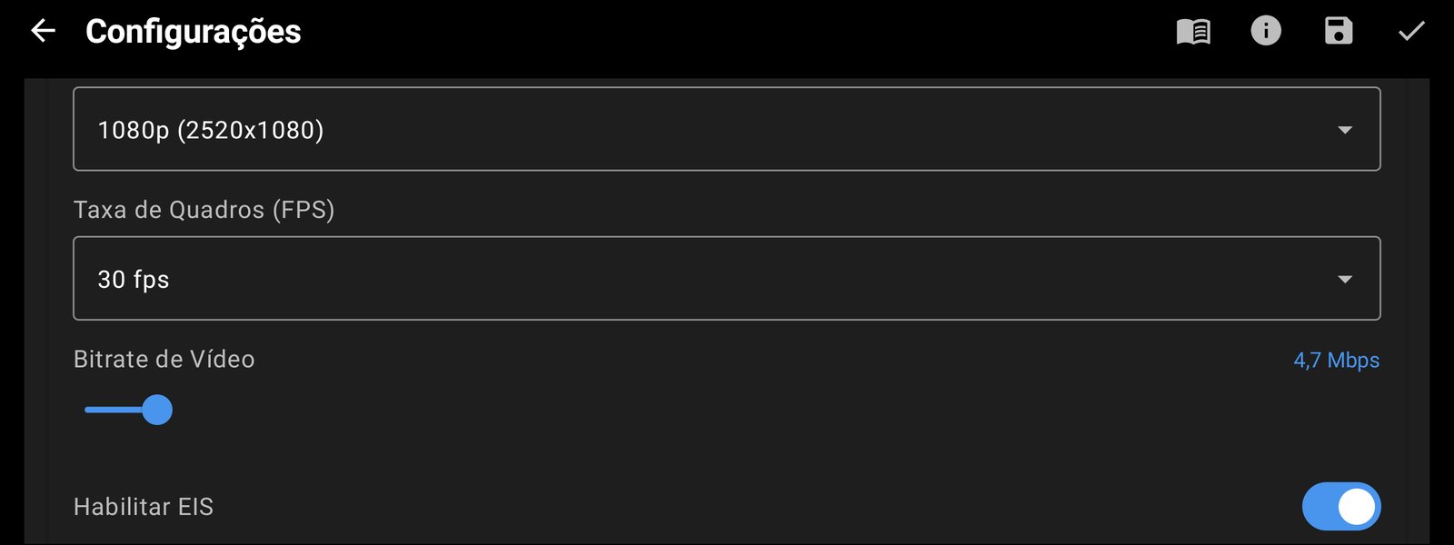 Resolução, FPS e bitrate de cada câmera