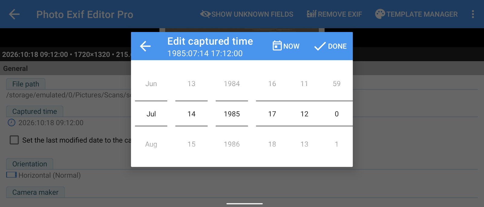 Setting the captured date of a scanned photo