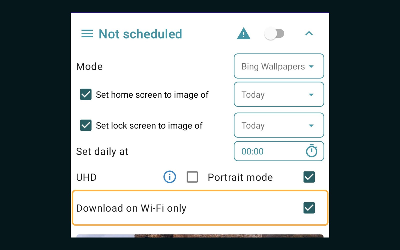 The new "Download on Wi-Fi only" option in Daily Wallpapers