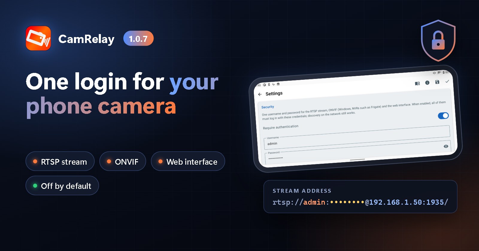 CamRelay 1.0.7：ユーザー名とパスワードでスマホのカメラを保護