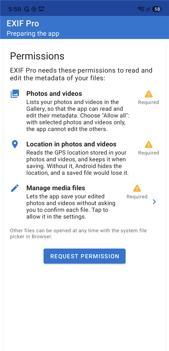 The permission screen of EXIF Pro