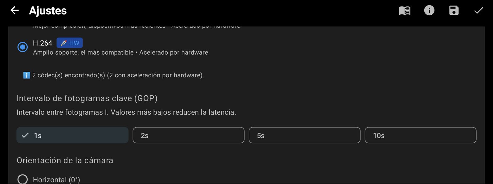 Códec de vídeo H.264 e intervalo de fotogramas clave de 1 segundo