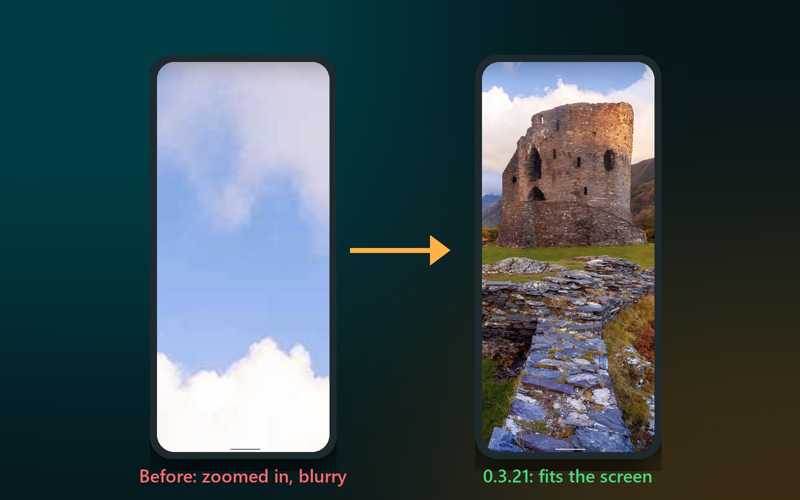 The same Bing wallpaper before and after the update: zoomed in and blurry before, full and sharp in 0.3.21