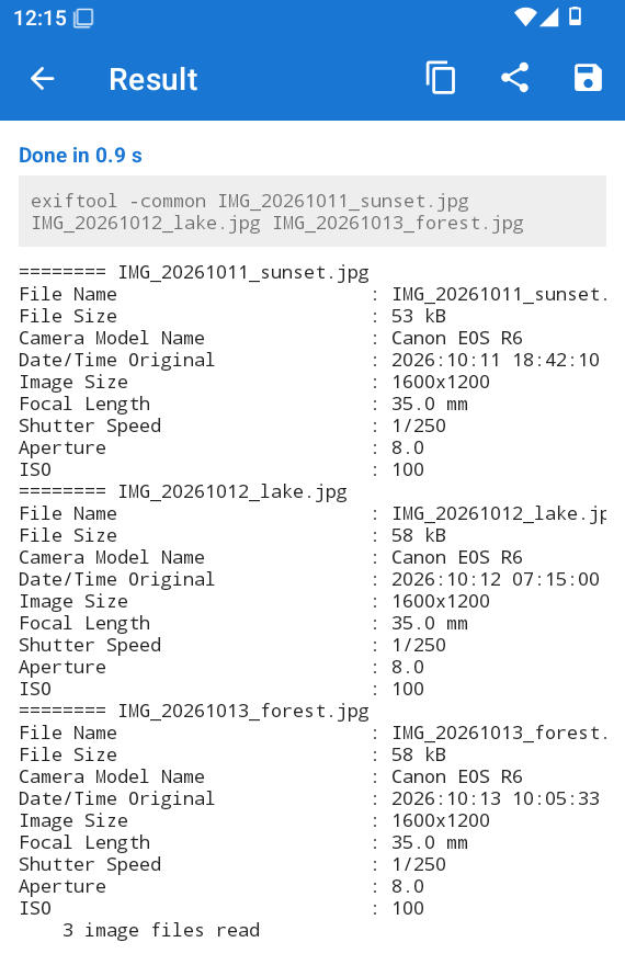The result of exiftool -common on three photos
