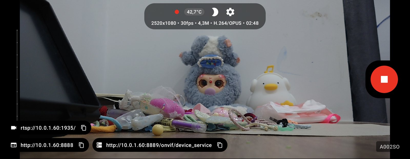 CamRelay a transmitir: endereços RTSP, web e ONVIF em baixo