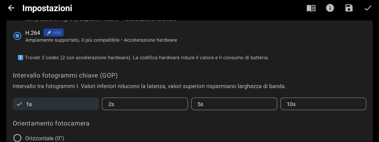Codec video H.264 e intervallo fotogrammi chiave di 1 secondo