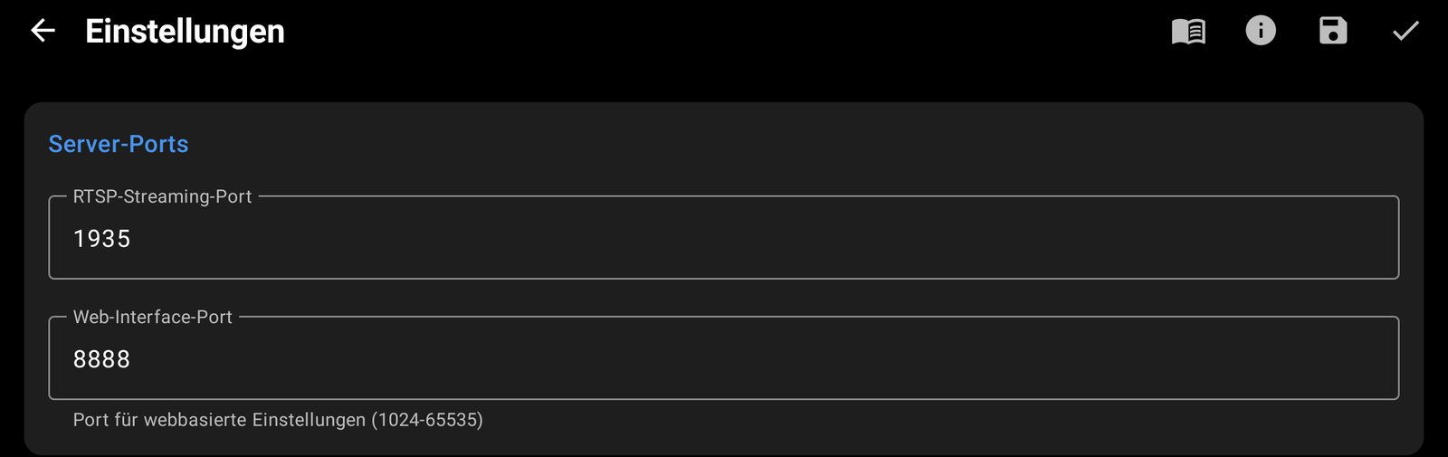 Server-Ports in den CamRelay-Einstellungen: RTSP-Port 1935 und Web-Port 8888