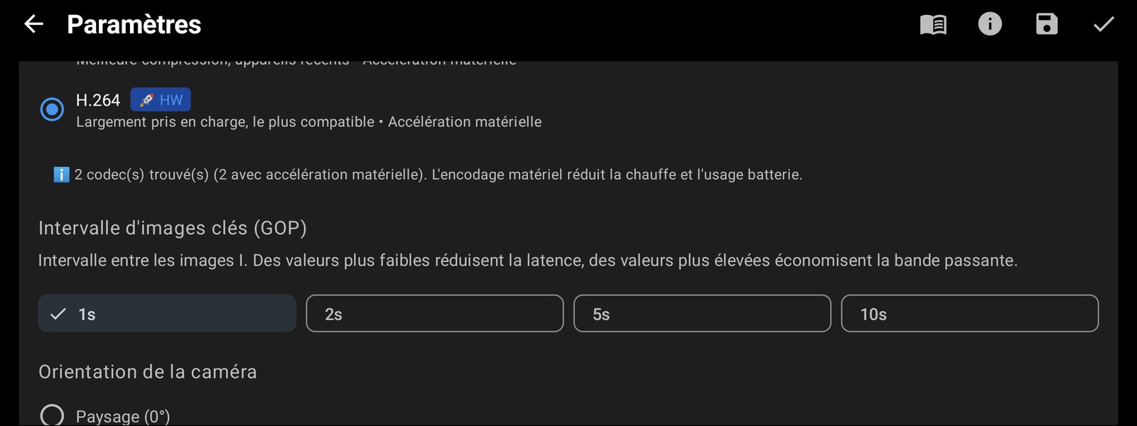 Codec vidéo H.264 et intervalle d'images clés d'une seconde