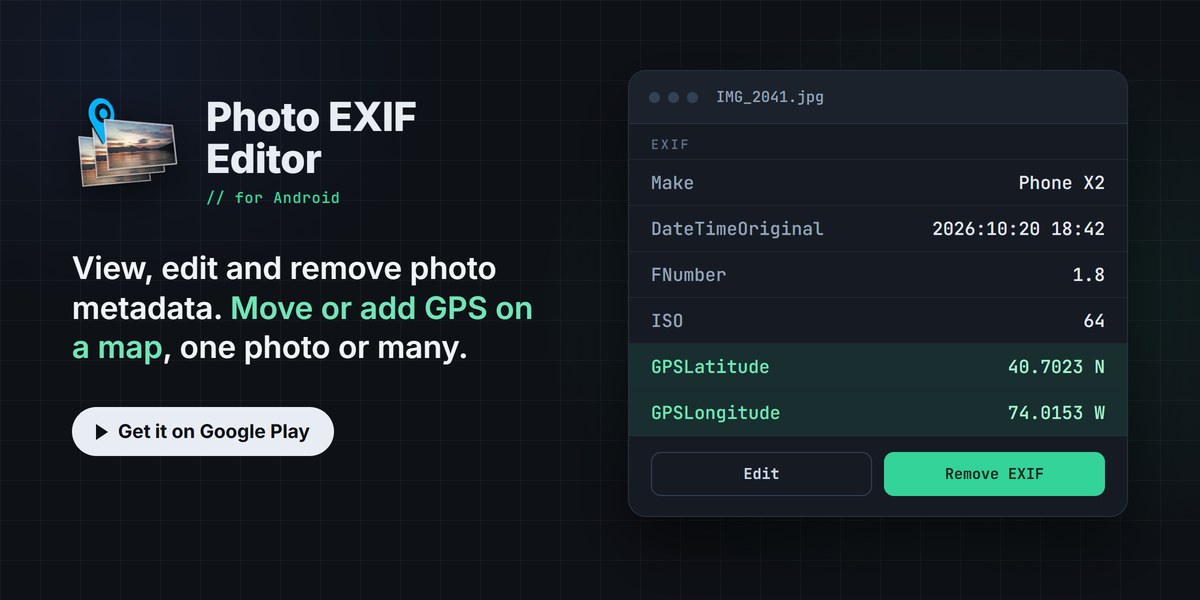 Photo EXIF Editor : afficher, modifier et supprimer les métadonnées des photos, et déplacer ou ajouter la position GPS sur une carte