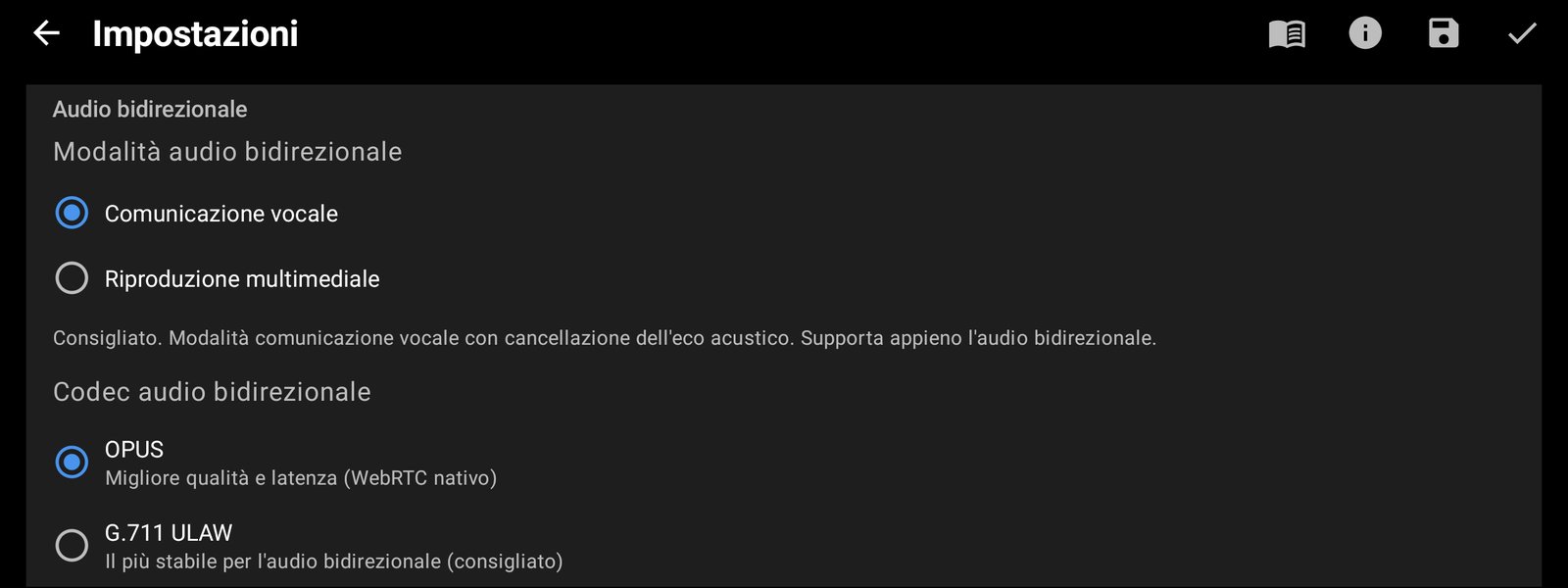 Codec audio e modalità dell'audio bidirezionale