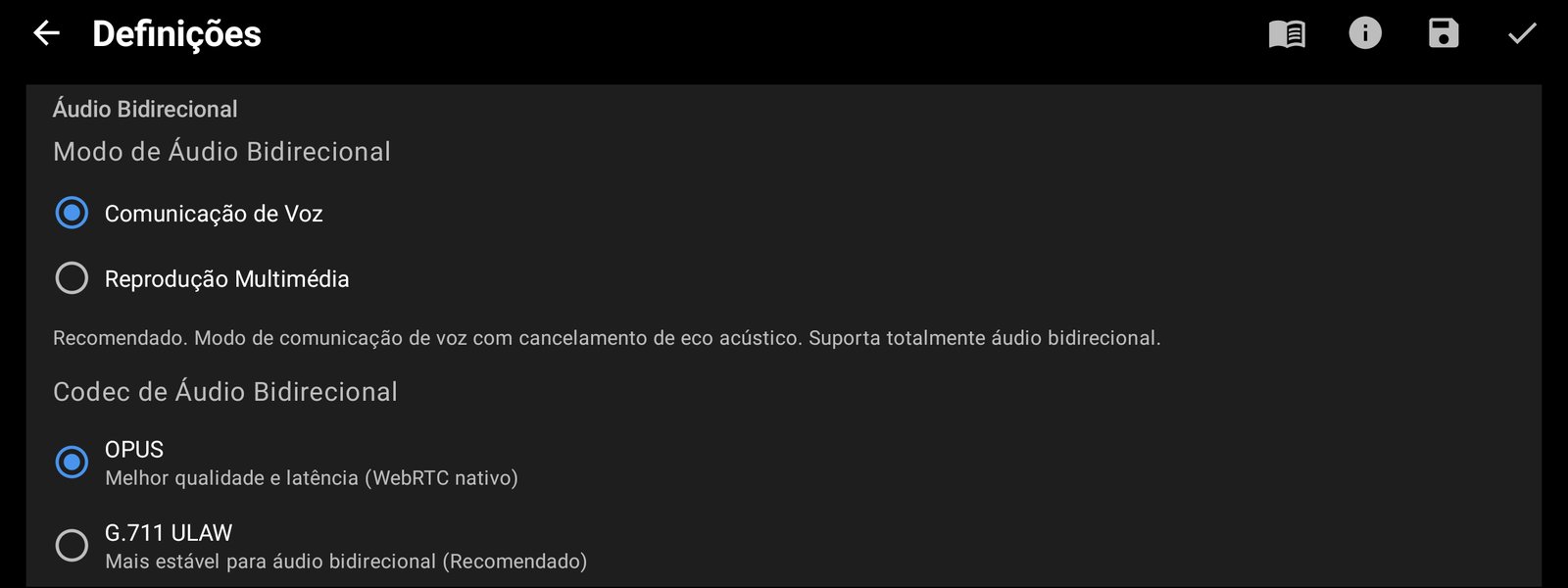 Codec de áudio e modo do intercomunicador