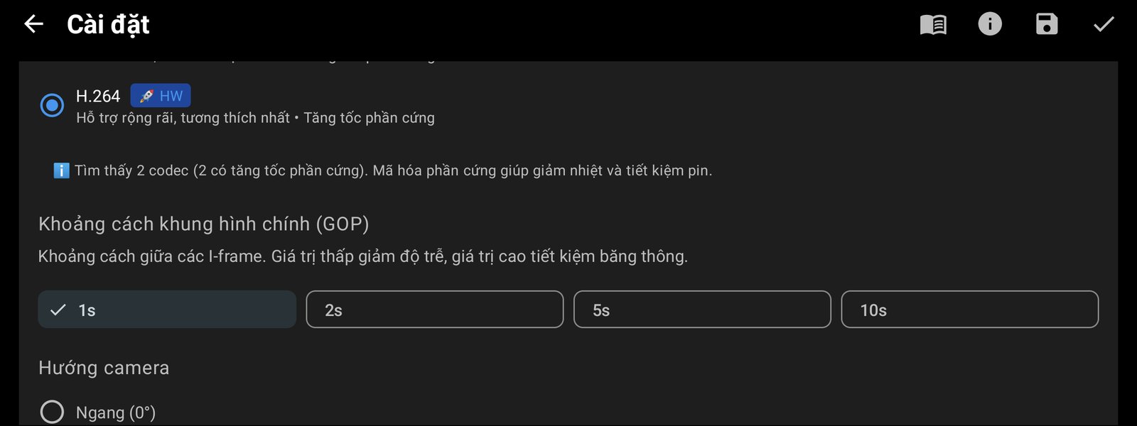 Chọn codec H.264 và khoảng keyframe 1 giây