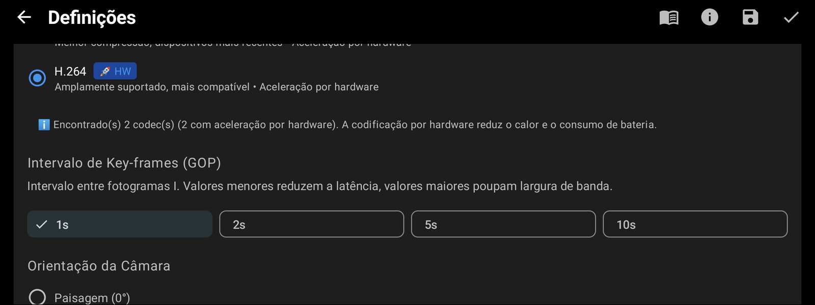 Codec de vídeo H.264 e intervalo de key-frames de 1 segundo