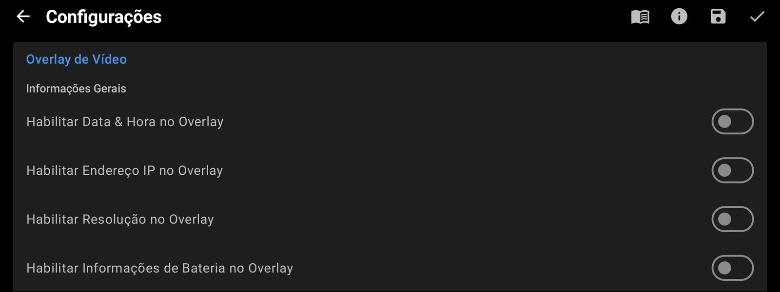 Opções de overlay de vídeo
