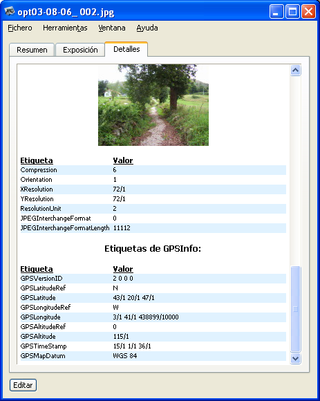 Visionneuse EXIF listant les balises GPS d'une photo, comme GPSLatitude, GPSLongitude, GPSAltitude et GPSTimeStamp