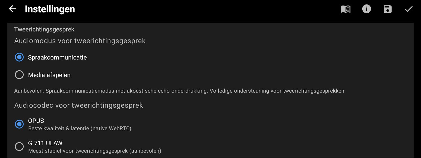 Audiocodec en modus voor tweerichtingsgesprek