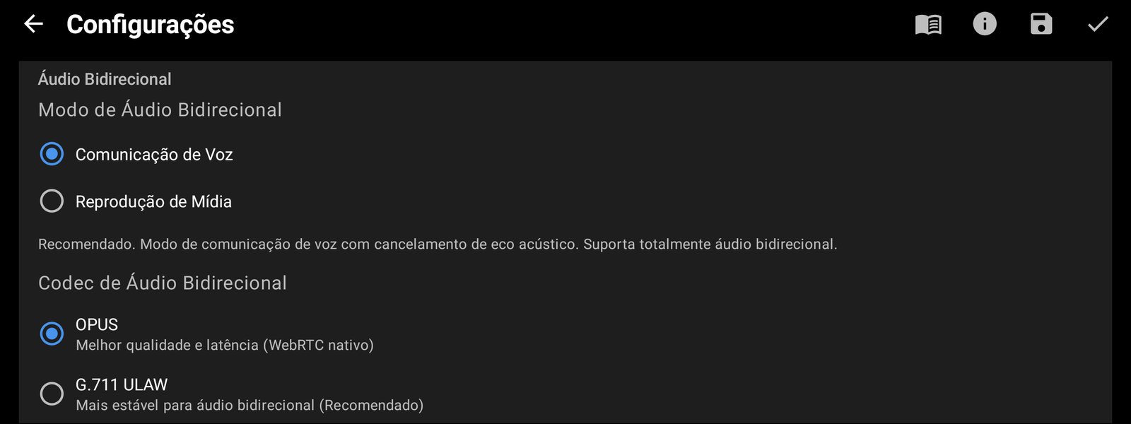 Codec de áudio e modo de áudio bidirecional