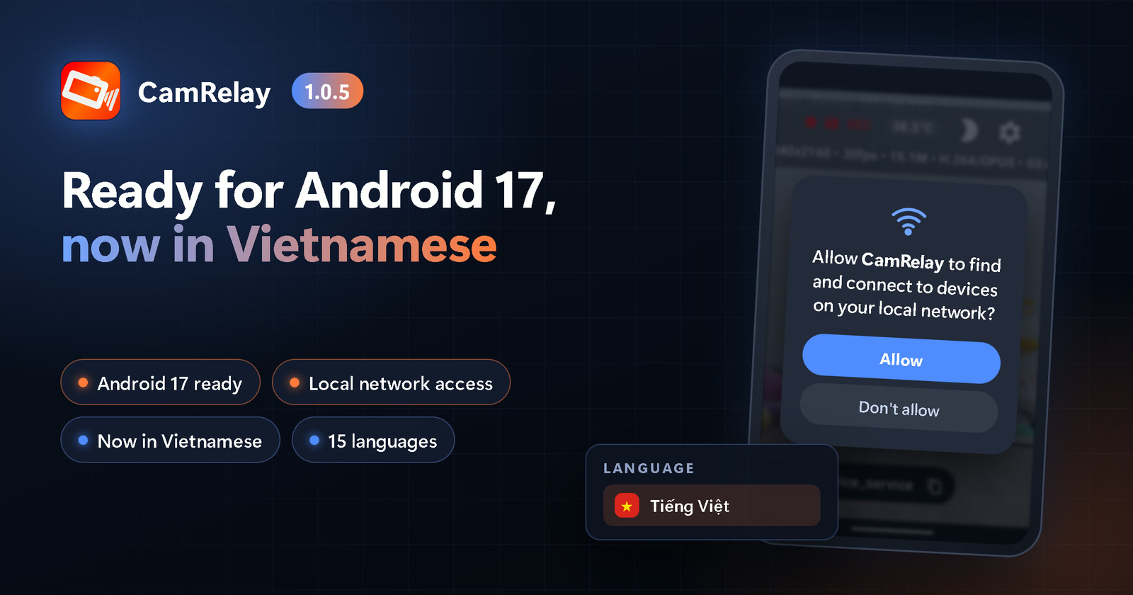 CamRelay 1.0.5: Bereit für Android 17 und jetzt auf Vietnamesisch