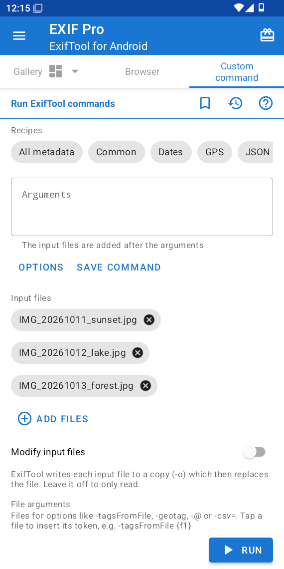 The Custom command tab, with three photos as input files