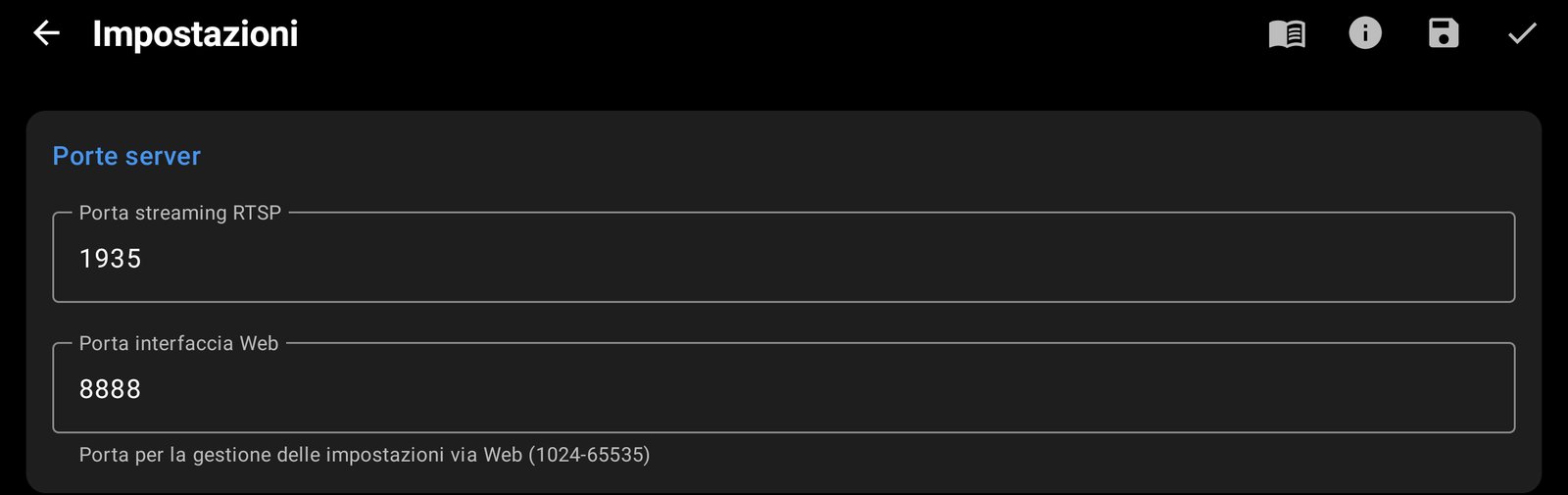 Porte server nelle impostazioni di CamRelay: porta RTSP 1935 e porta web 8888
