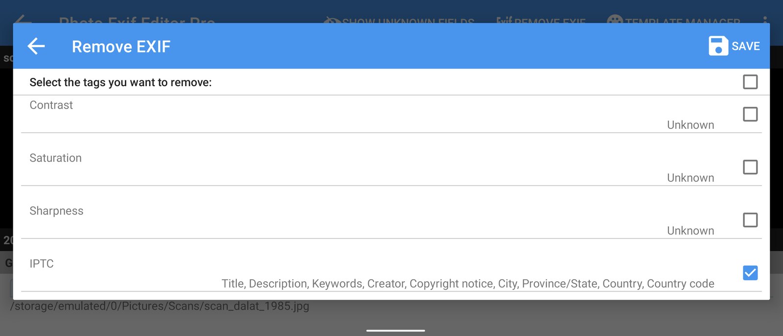 The IPTC option in the Remove EXIF dialog