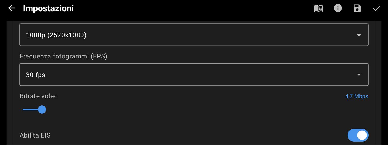 Risoluzione, FPS e bitrate per ogni fotocamera