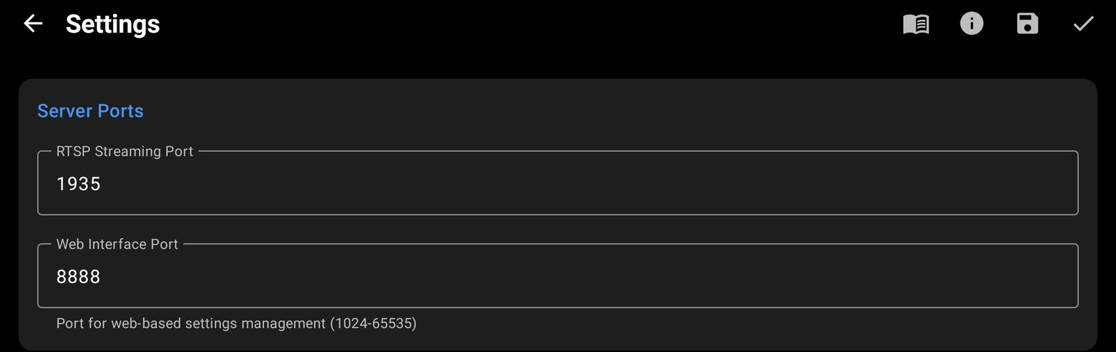Server Ports in CamRelay settings: RTSP port 1935 and web port 8888
