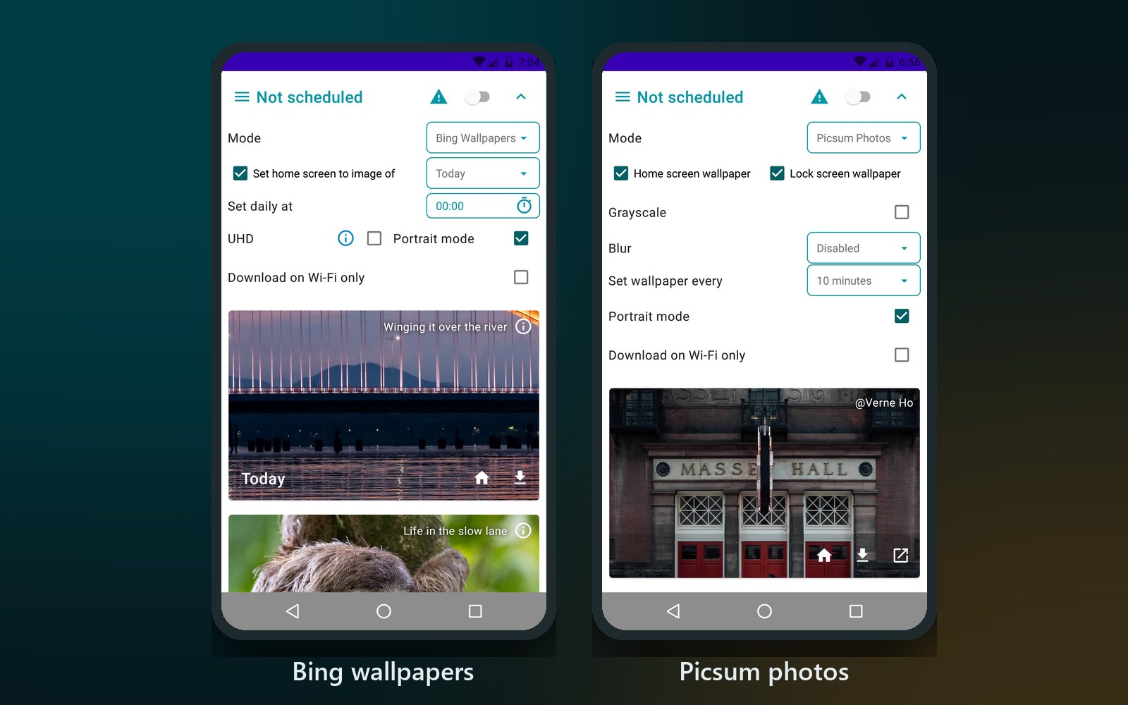Daily Wallpapers 0.3.22 på Android 6.0 med Bing-bakgrunder och Picsum-foton