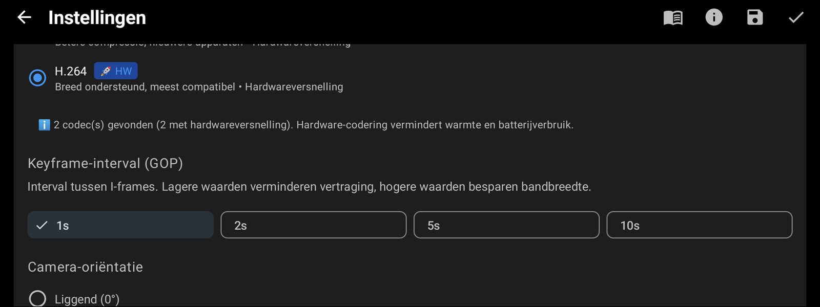 Videocodec H.264 en een keyframe-interval van 1 seconde