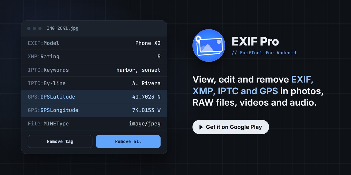 EXIF Pro : afficher, modifier et supprimer EXIF, XMP, IPTC et GPS dans les photos, fichiers RAW, vidéos et fichiers audio