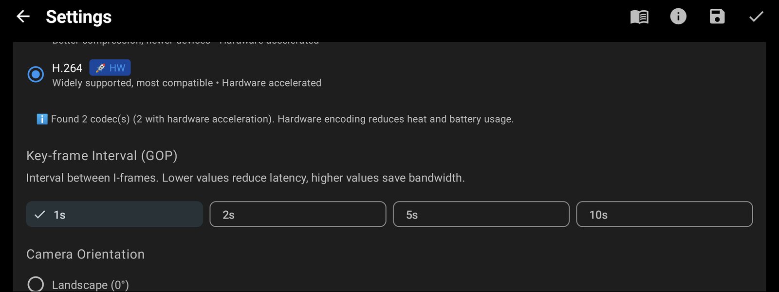 H.264 video codec and a 1-second key-frame interval
