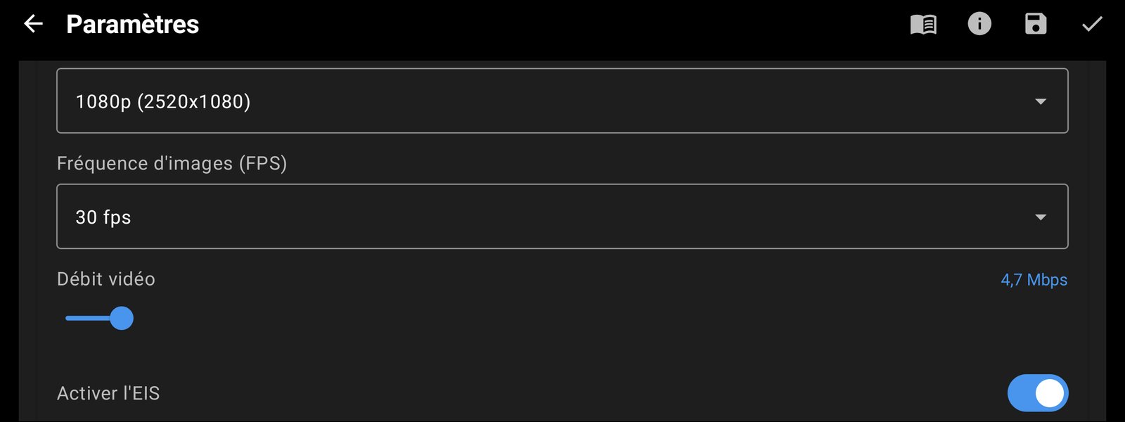Résolution, FPS et débit pour chaque caméra