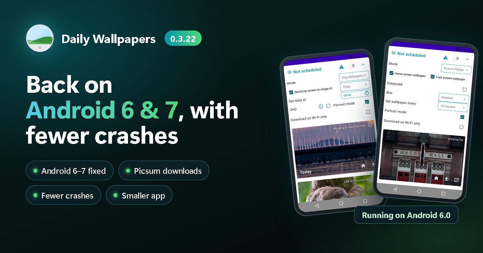 Daily Wallpapers 0.3.22: tillbaka på Android 6 och 7, med färre krascher