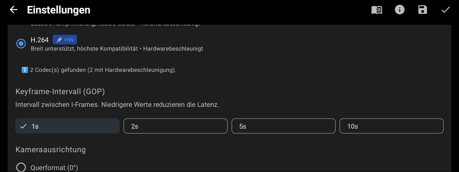 Video-Codec H.264 und ein Keyframe-Intervall von 1 Sekunde