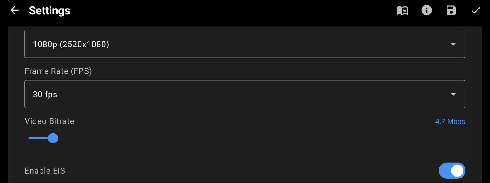 Resolution, FPS and bitrate for each camera