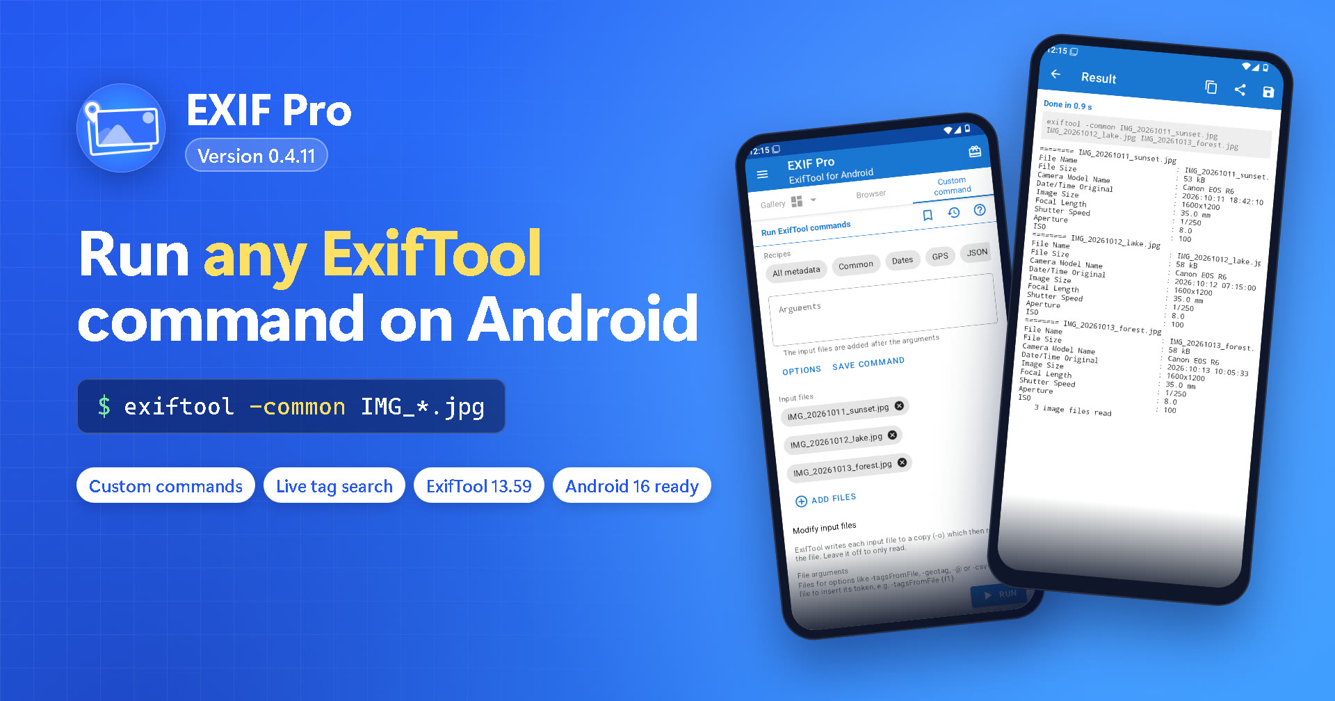 EXIF Pro 0.4.11：Android で独自の ExifTool コマンドを実行