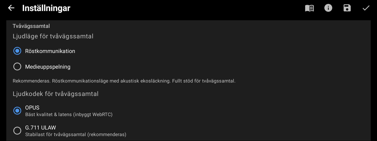 Ljudkodek och läge för tvåvägssamtal