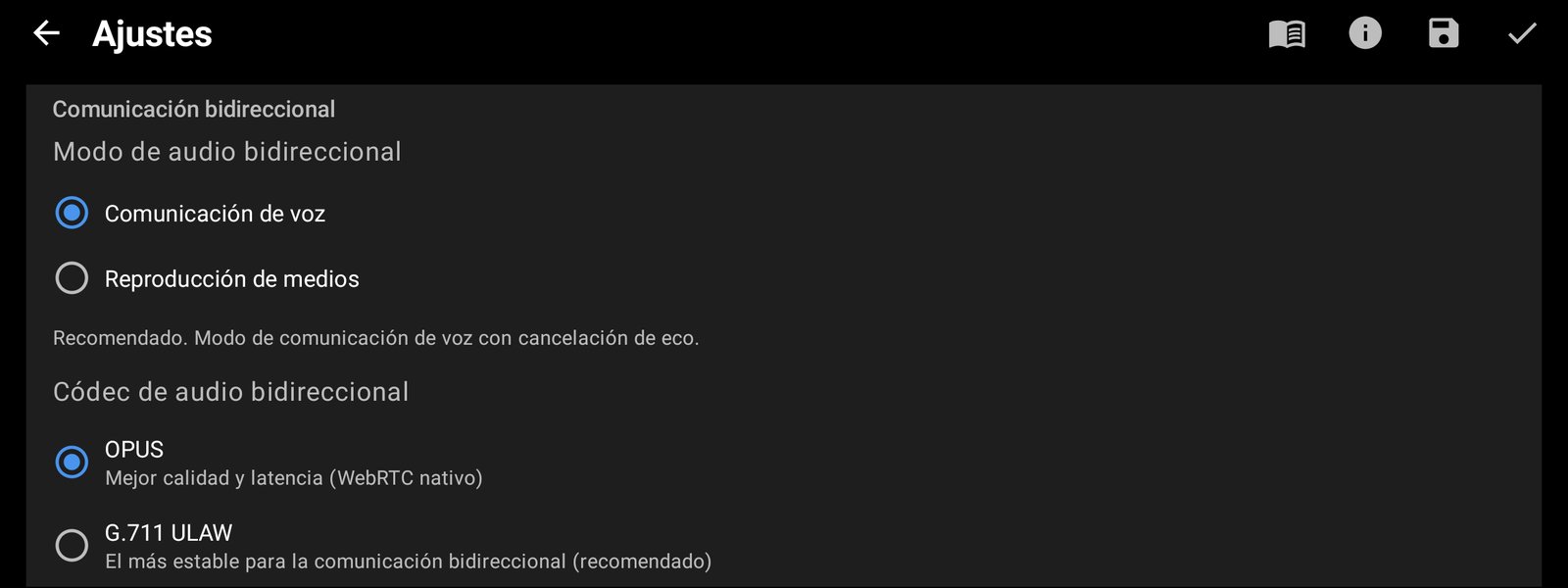 Códec de audio y modo de comunicación bidireccional