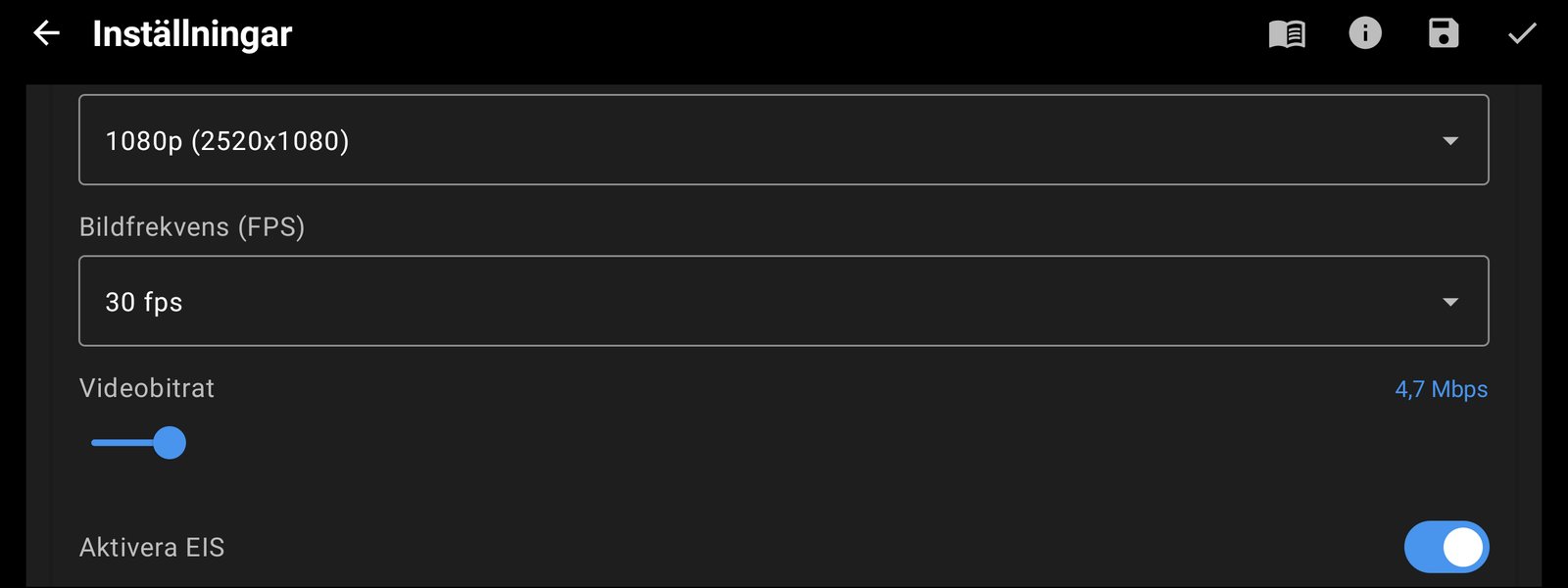 Upplösning, FPS och bitrat för varje kamera