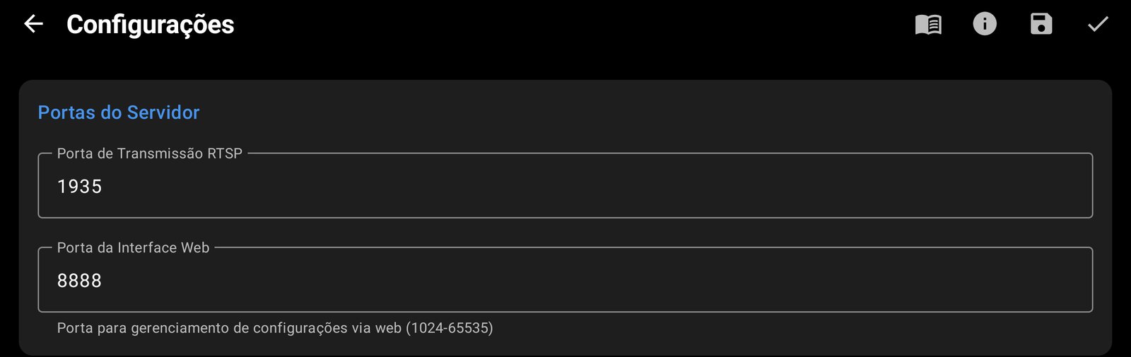 Portas do Servidor nas configurações do CamRelay: porta RTSP 1935 e porta web 8888