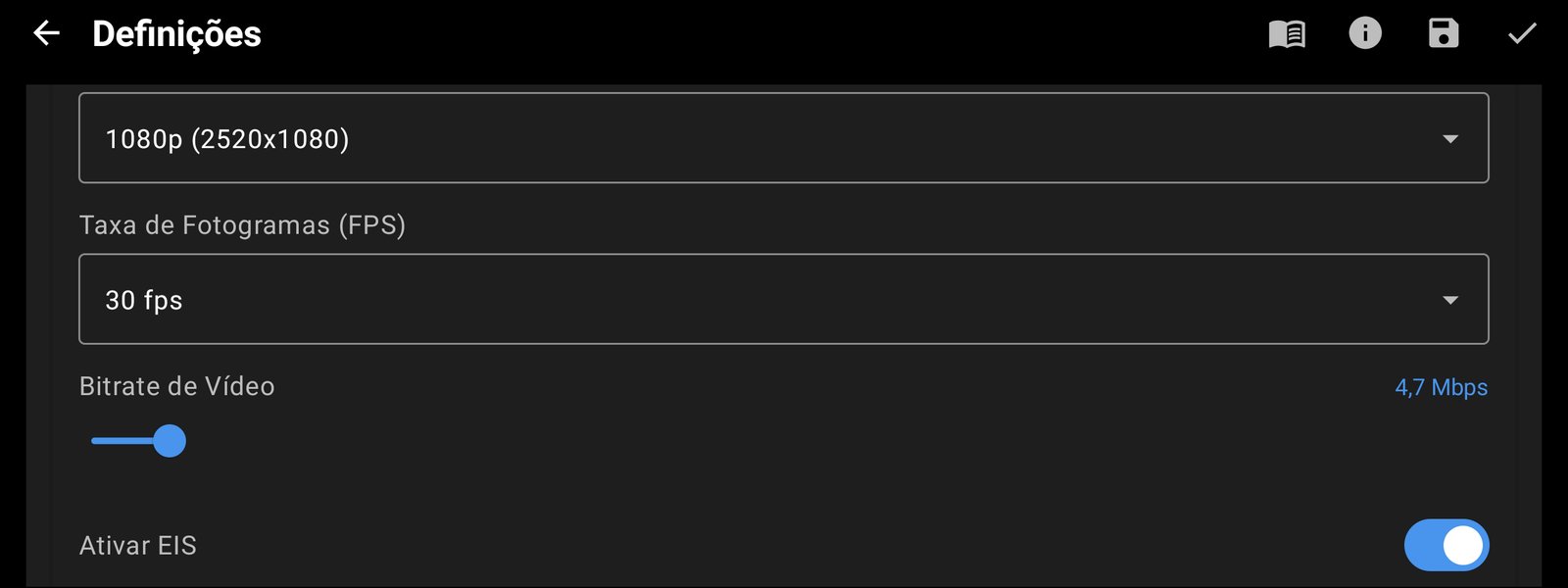 Resolução, FPS e bitrate de cada câmara